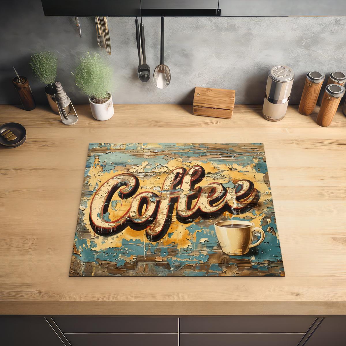 HERDABDECKPLATTE Kaffee - Vintage - Braun - Tasse Abdeckung Ceranfeld 57.6x51.6 cm - Teakfarben, Kunststoff (57.6/51.6/0.2cm) - MuchoWow