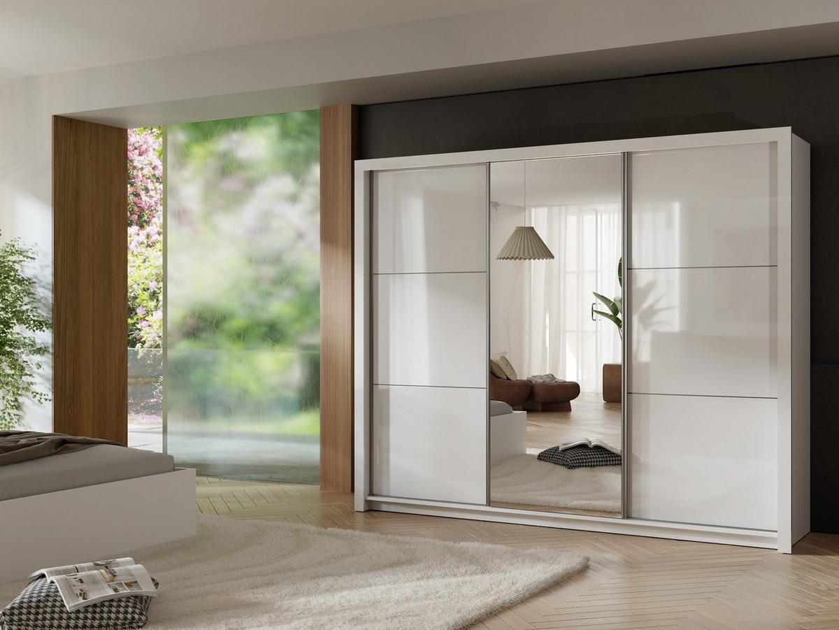 SCHWEBETÜRENSCHRANK ALVORN 257,8/212/66,6cm 3-türig mit Spiegel Weiß - Weiß, Holzwerkstoff (257.8/212/66.6cm) - MASSENO