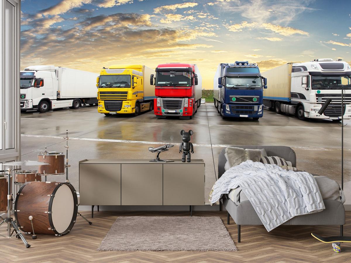 FOTOTAPETE für Wohnzimmer Lastwagen Parken Sonnenuntergang 400x280 - Gelb/Rot, Papier (400/280cm) - Muralo