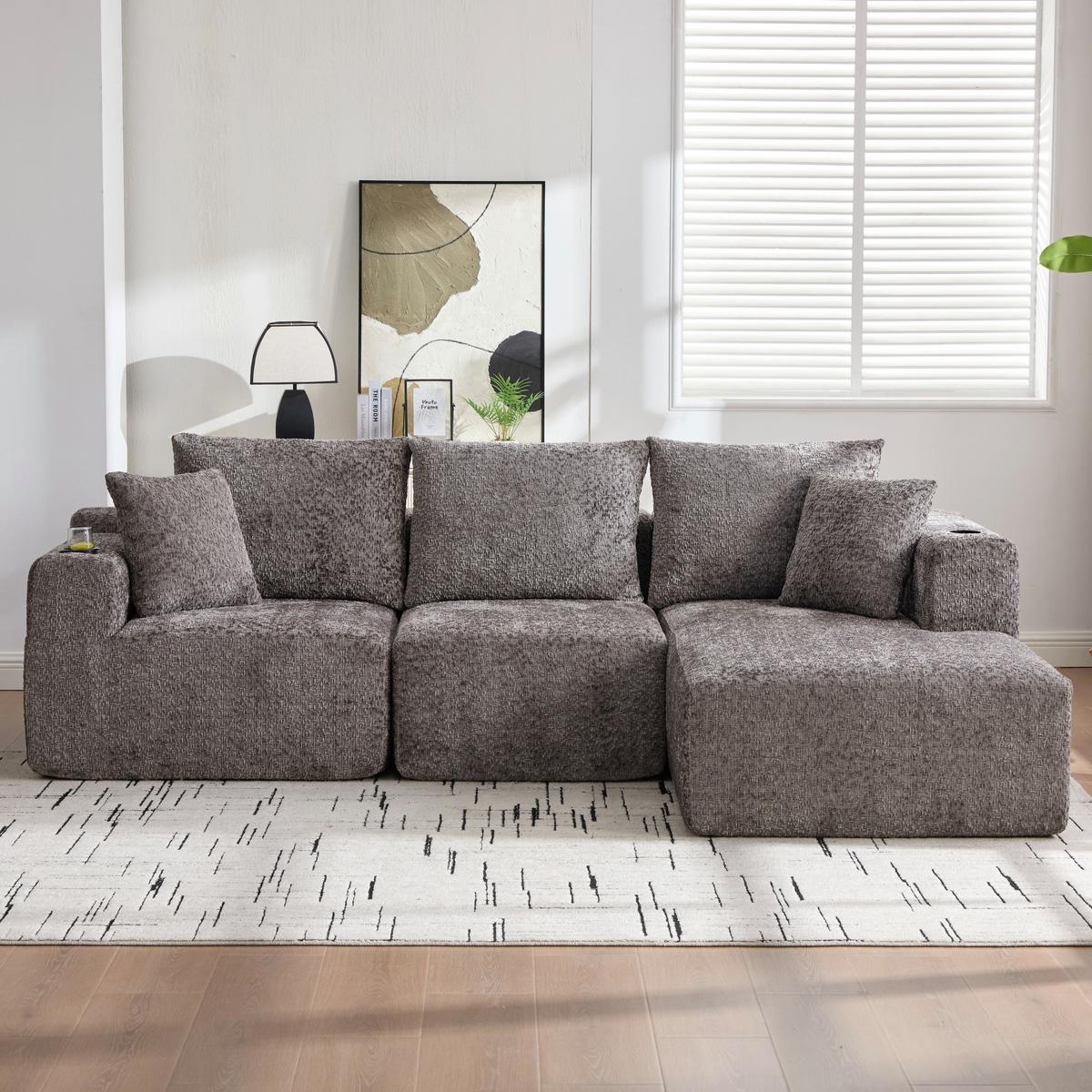 ECKSOFA Modulares L-Form Chenille mit Getränkehalter & Memory-Schaum 261cm - Dunkelgrau, Textil (261/165cm) - Urban Meuble