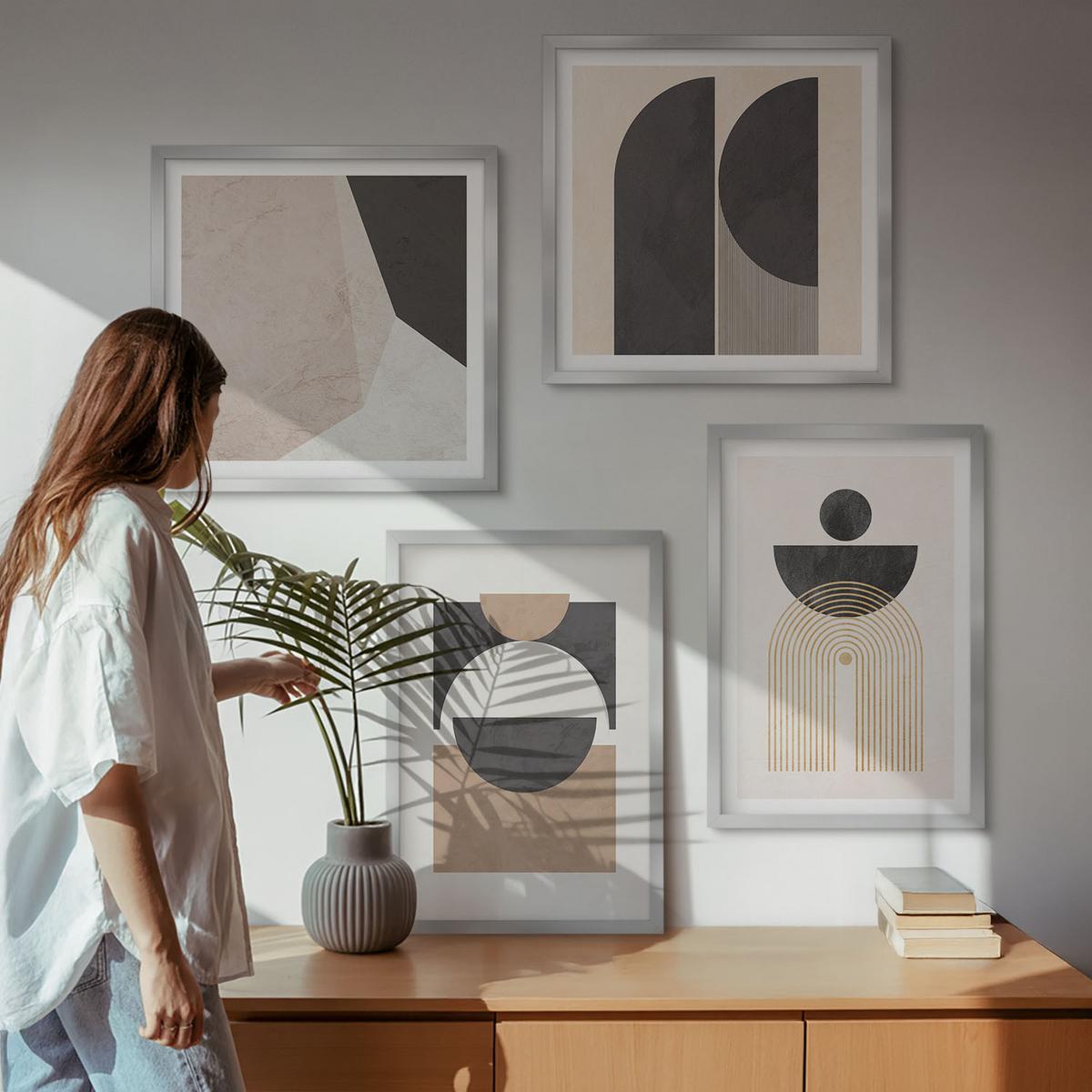 BILDER SET 4er Set - 50x50 cm & 40x60 cm Silberner Rahmen - Abstrakte Formen beige braun - Silberfarben, Kunststoff (50/50cm) - TULUP