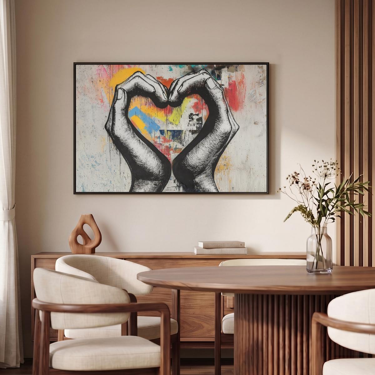 LEINWAND Bilder mit Rahmen - Hände - Herz - Straßenkunst - Graffiti - 90x60 - Multicolor, Textil (90/60cm) - MuchoWow