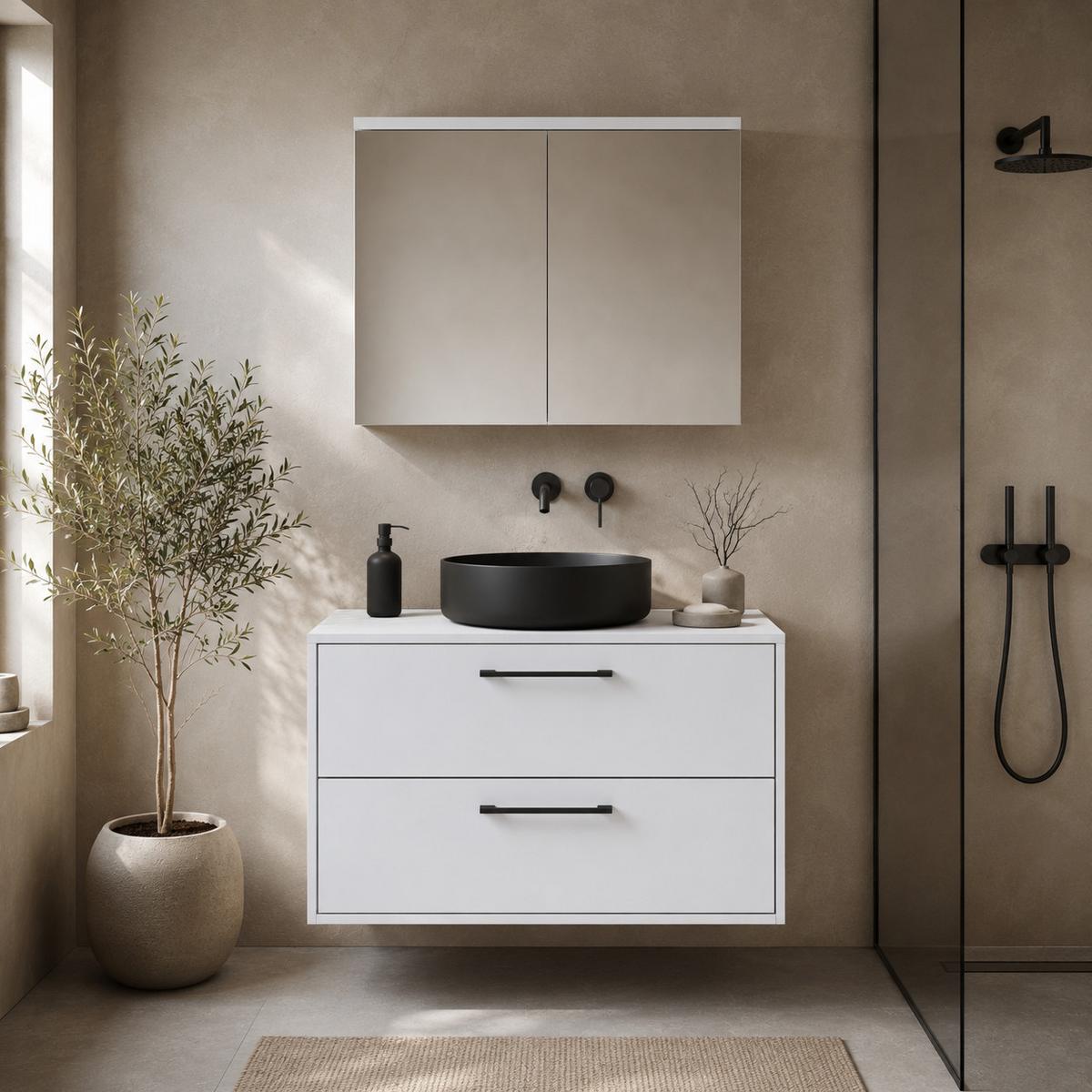 BADMÖBEL-SET Florence 2 Teile Matt Weiß - 80 x 46 x 46 cm - Weiß, Holz (80/46/46cm) - Badplaats