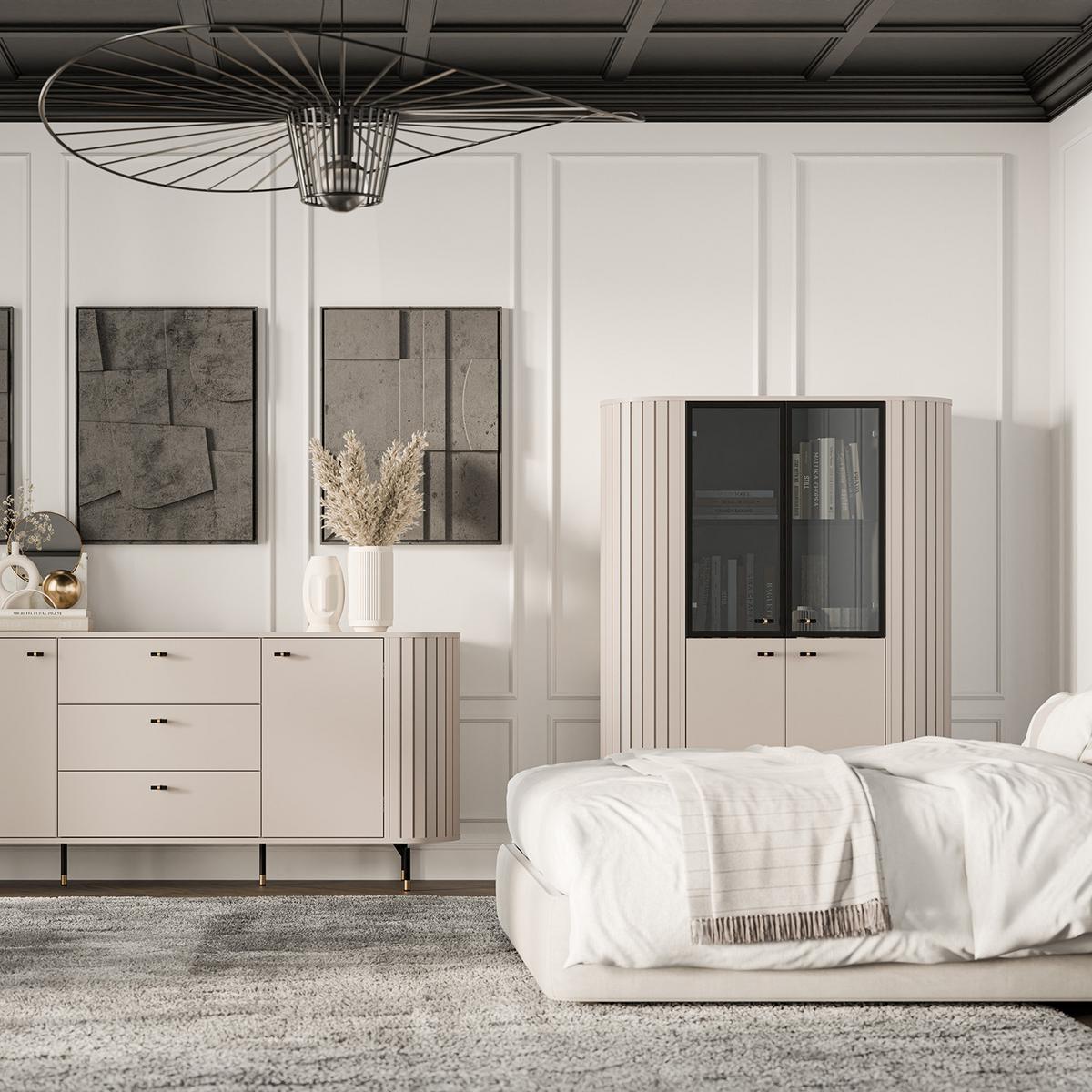 VITRINE Zalia mit Glastüren und Stauraum, mit LED-Beleuchtung, im Retro-Stil, 112 cm, Kaschmir - Kaschmir, Holzwerkstoff (112/155/40cm) - Beautysofa