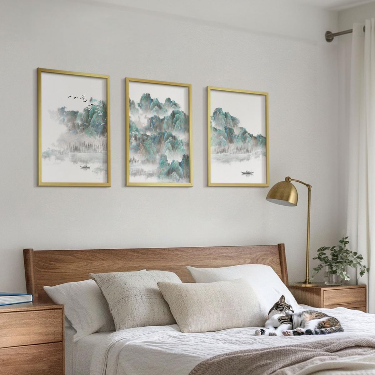 BILDER SET 3er Set - 40x60 cm Goldrahmen - Berge, Wolken, Vögel, Boot, Japandi - Goldfarben, Kunststoff (40/60cm) - TULUP