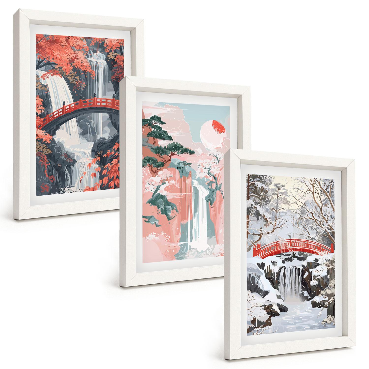 BILDER SET 3er Set - 20x30 cm Weißer Rahmen - Wasserfälle der Jahreszeiten - Weiß, Kunststoff (20/30cm) - TULUP