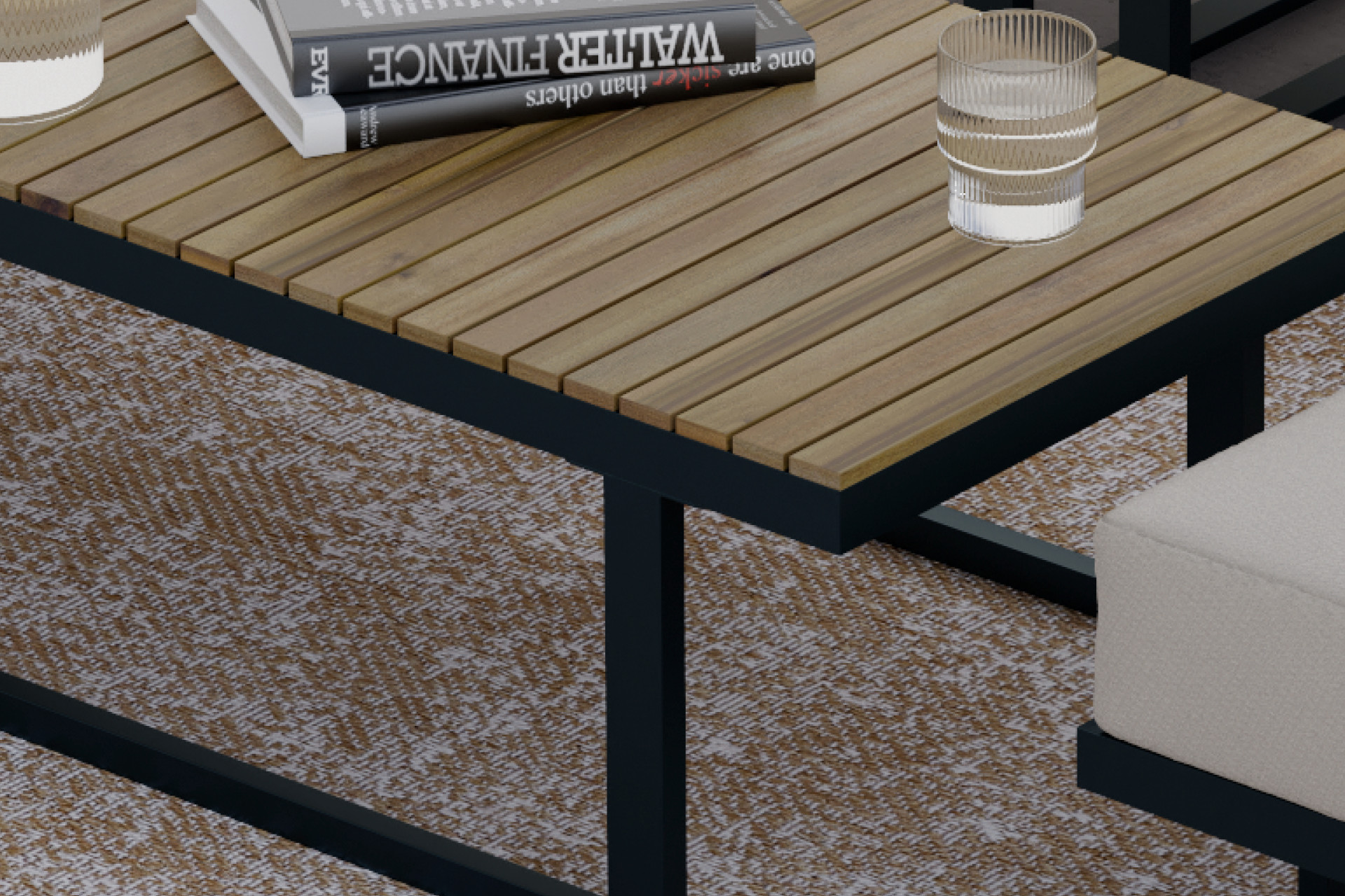 Tische und Sitzbank zu Loungegarnitur Echtholz Akazie massiv geölte Oberfläche Lamellenoptik Beine U-Form Schwarz 