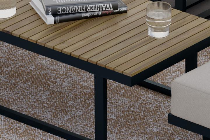 Tische und Sitzbank zu Loungegarnitur Echtholz Akazie massiv geölte Oberfläche Lamellenoptik Beine U-Form Schwarz