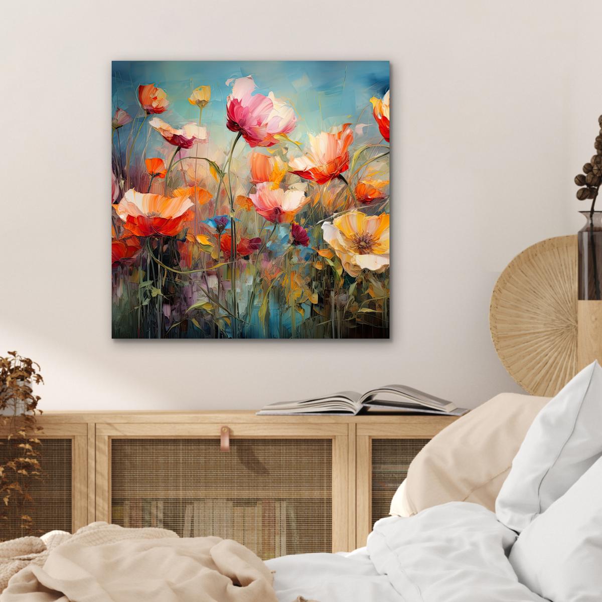 METALLBILD Blumen - Aquarell - Kunst - Botanisch - Natur 50x50 cm - Orange, Metall (50/50cm) - MuchoWow