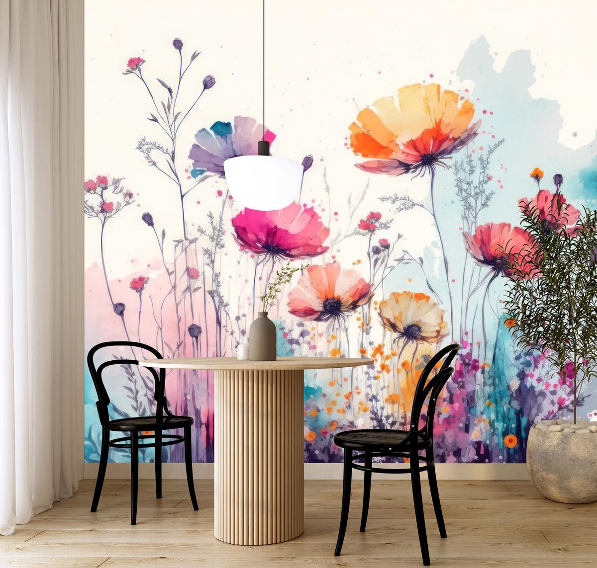 FOTOTAPETE für Schlafzimmer Abstrakte Bunte Wiesenblumen Aquarell 350x256 - Türkis/Rot, Papier (350/256cm) - Muralo