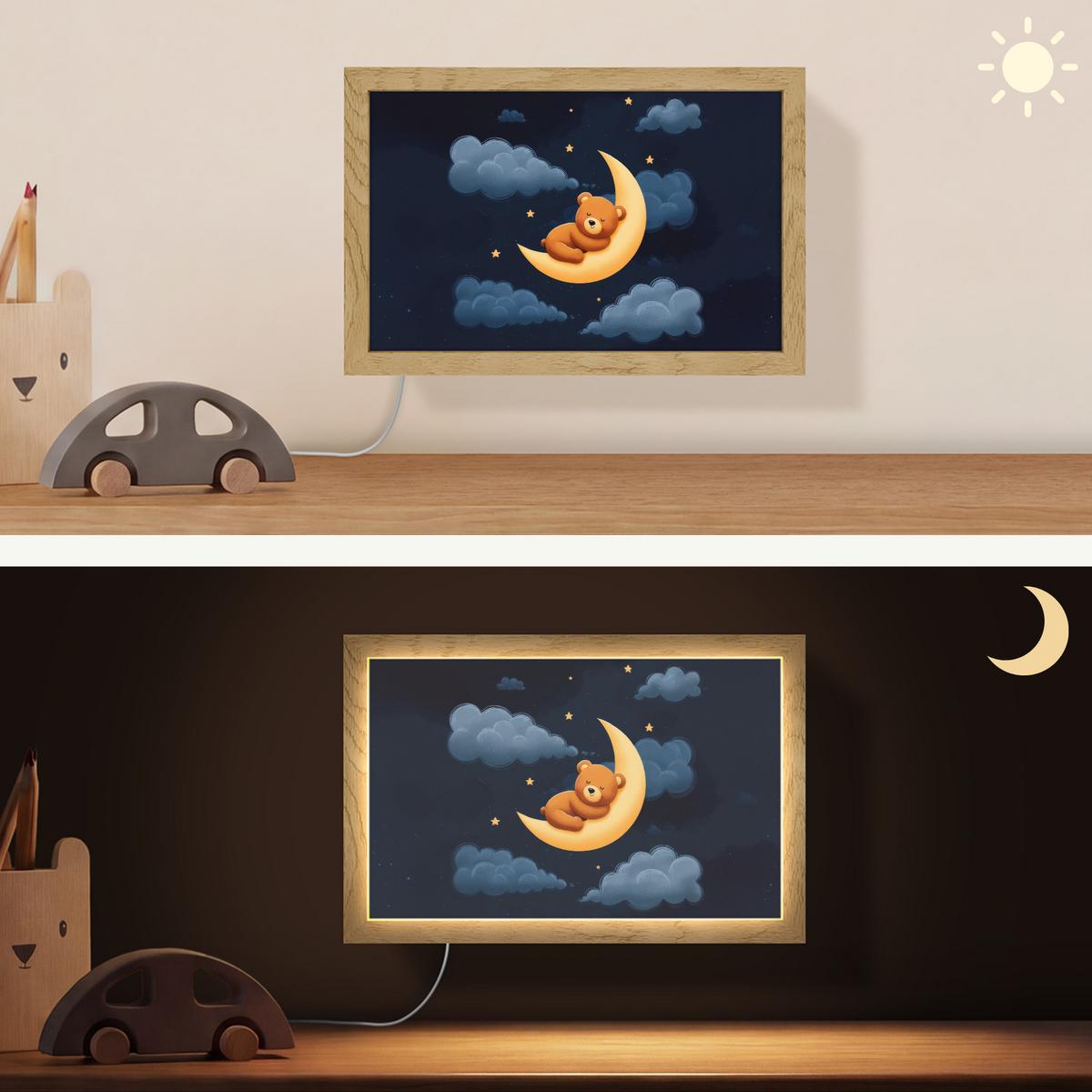 WANDLEUCHTE Teddybär - Mond - Wolken - Sterne 30x20 cm - Dunkelblau, Holzwerkstoff (30/20/8cm) - OnlyWow