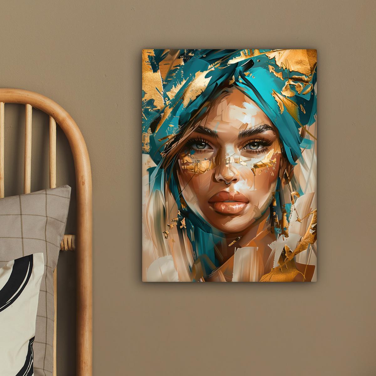 LEINWANDBILD Frau - Porträt - Gold - Luxus - Blau Room Decor 30x40 cm - Türkis, Textil (30/40cm) - MuchoWow
