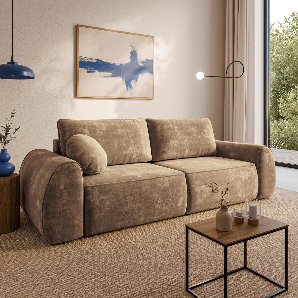 BETTSOFA ZEFEO Beige Chenille-Stoff mit Schlaffunktion - Beige, Textil (264/96/106cm) - MASSENO
