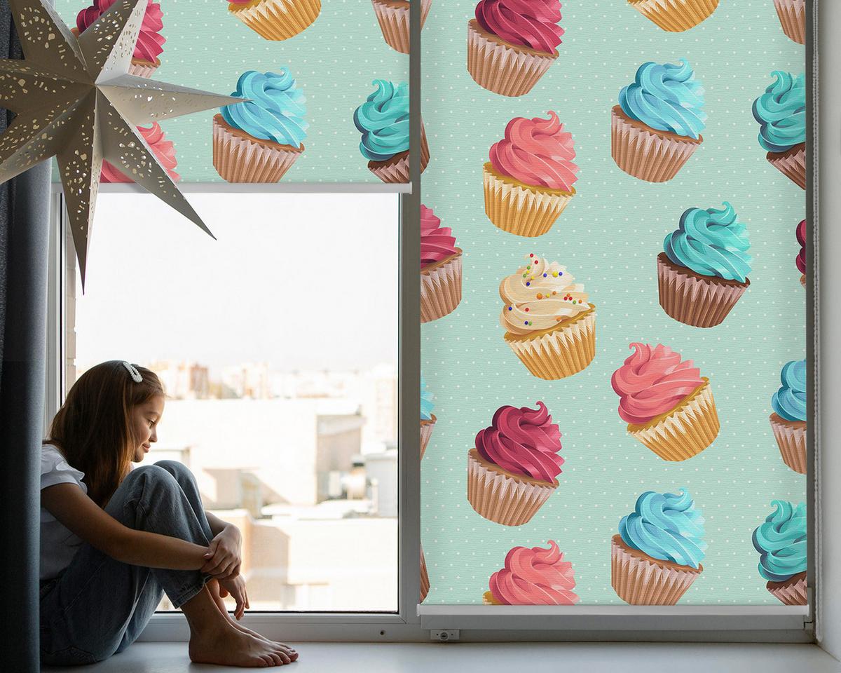 INNENROLLO - Fensterrollo - Rollo - 120x140 cm - Cupcakes - Blau, Kunststoff (120/140/0.5cm) - TULUP