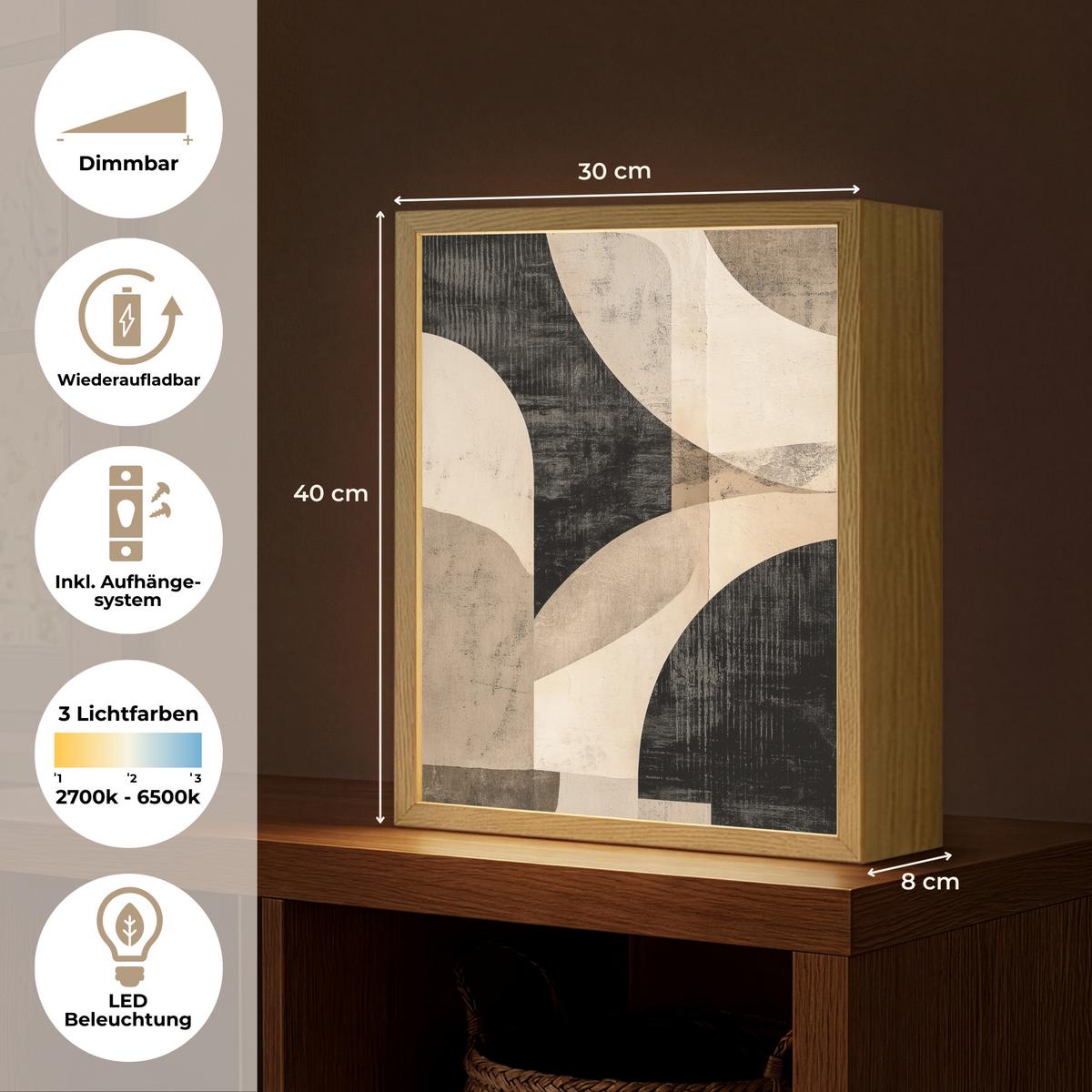 WANDLEUCHTE MIT AKKU Abstrakt - Formen - Modern - Beige 30x40 cm - Grau, Holzwerkstoff (30/40/8cm) - OnlyWow