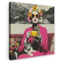 LEINWANDBILD Frau - Katze - Blumen - Tasse - Retro Deko Groß 90x90 cm - Magenta, Textil (90/90cm) - MuchoWow