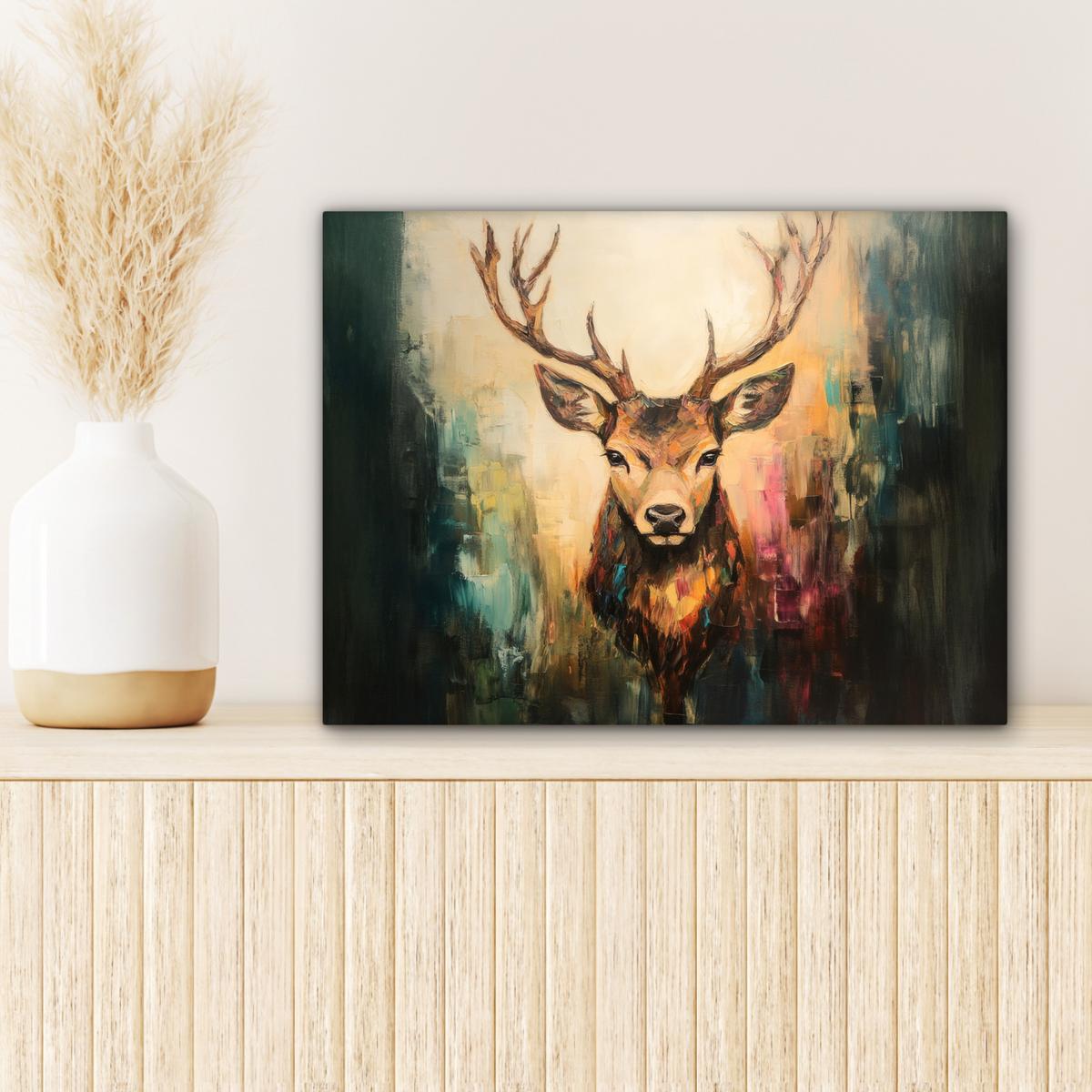 LEINWANDBILD Hirsch - Gemalt - Geweih - Braun Wandbild 40x30 cm - Haselnussfarben, Textil (40/30cm) - MuchoWow