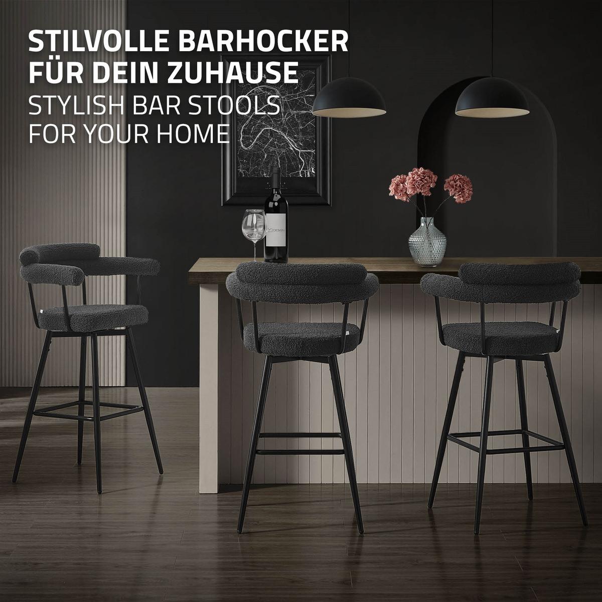 BARHOCKER 2er Set drehbar Dunkelgrau mit Teddy-Stoff 76 cm hoch - Dunkelgrau/Schwarz, Textil/Metall (61/103/55cm) - ML-DESIGN