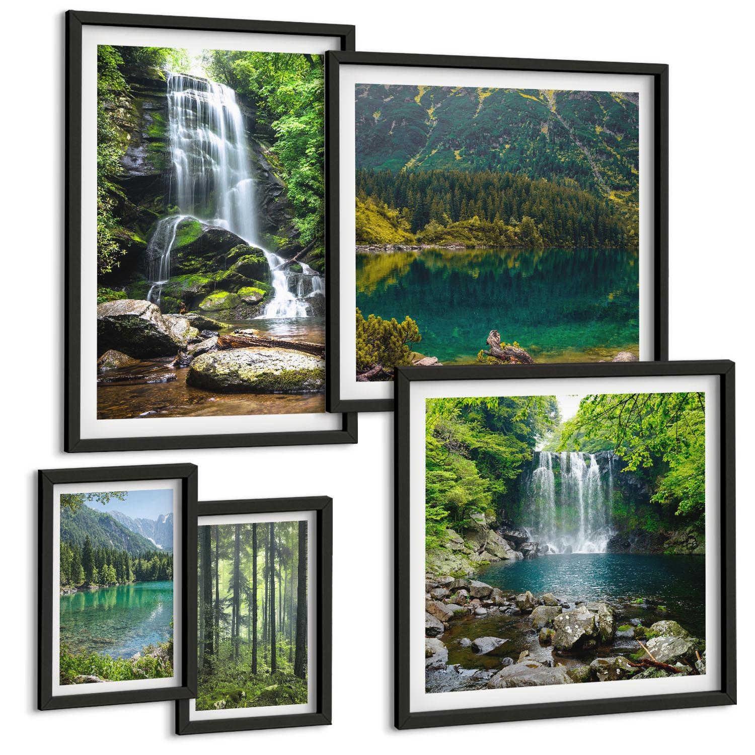 BILDER SET 5er Set - 50x50 cm & 20x30 cm & 40x60 cm Schwarzer Rahmen - Grüne Landschaften, Wasserfälle - Schwarz, Kunststoff (40/60cm) - TULUP