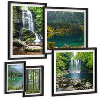 BILDER SET 5er Set - 50x50 cm & 20x30 cm & 40x60 cm Schwarzer Rahmen - Grüne Landschaften, Wasserfälle - Schwarz, Kunststoff (40/60cm) - TULUP