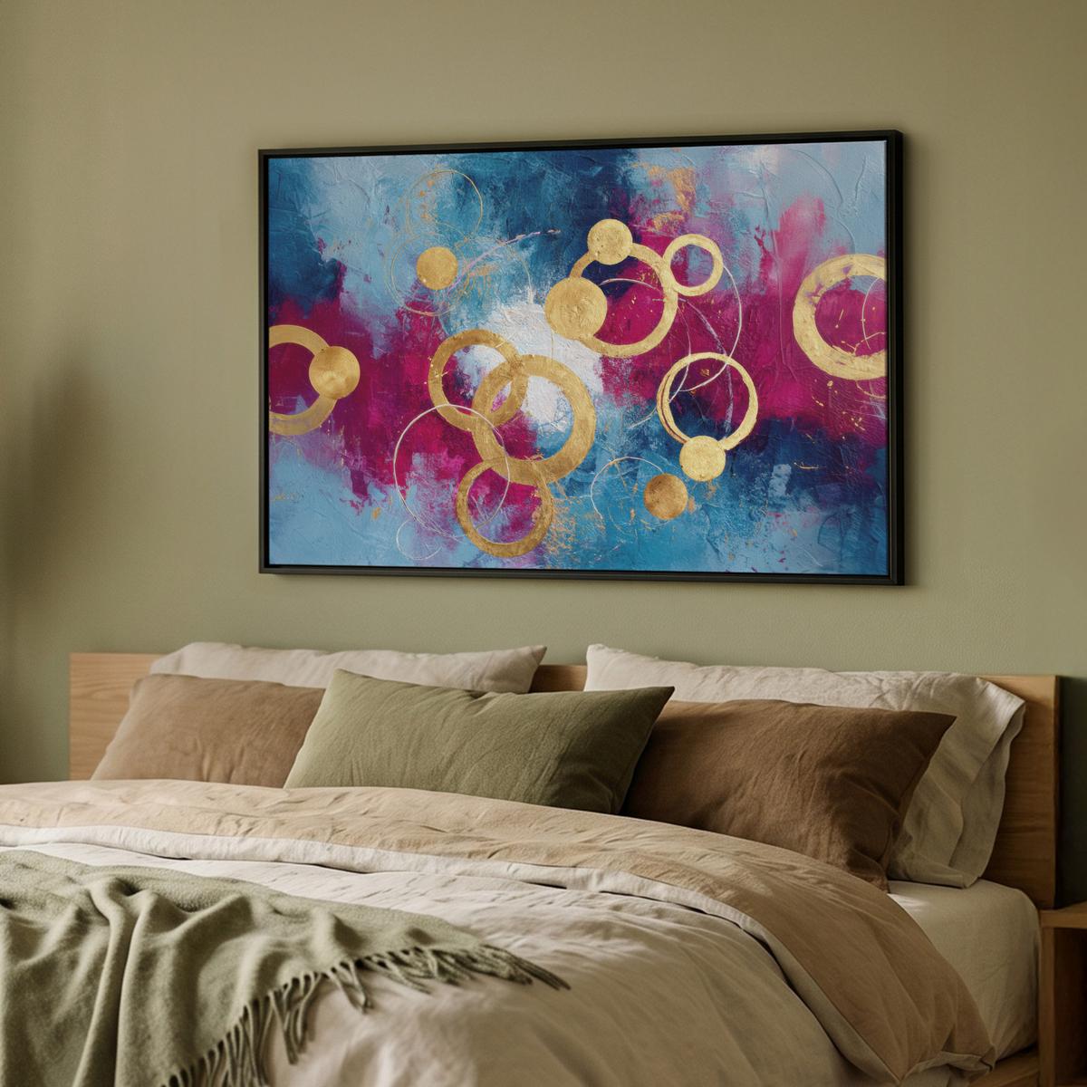 LEINWAND Bilder mit Rahmen - Kreise - Gold - Abstrakt - 90x60 - Blau, Textil (90/60cm) - MuchoWow
