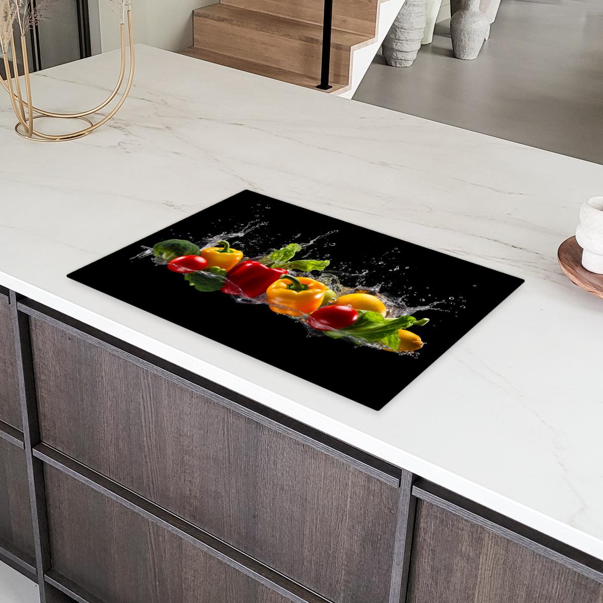 HERDABDECKPLATTE Paprika - Wasser - Gemüse - Schwarz Ceranfeldabdeckung 78x52 cm - Multicolor, Kunststoff (78/52/0.2cm) - MuchoWow