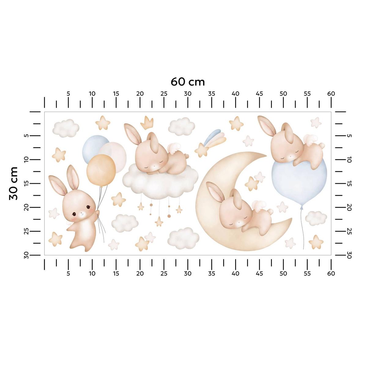 WANDSTICKER Kaninchen Wolken Sterne Ballons 60x30 - Gelb/Beige, Papier (60/30/1cm) - Muralo