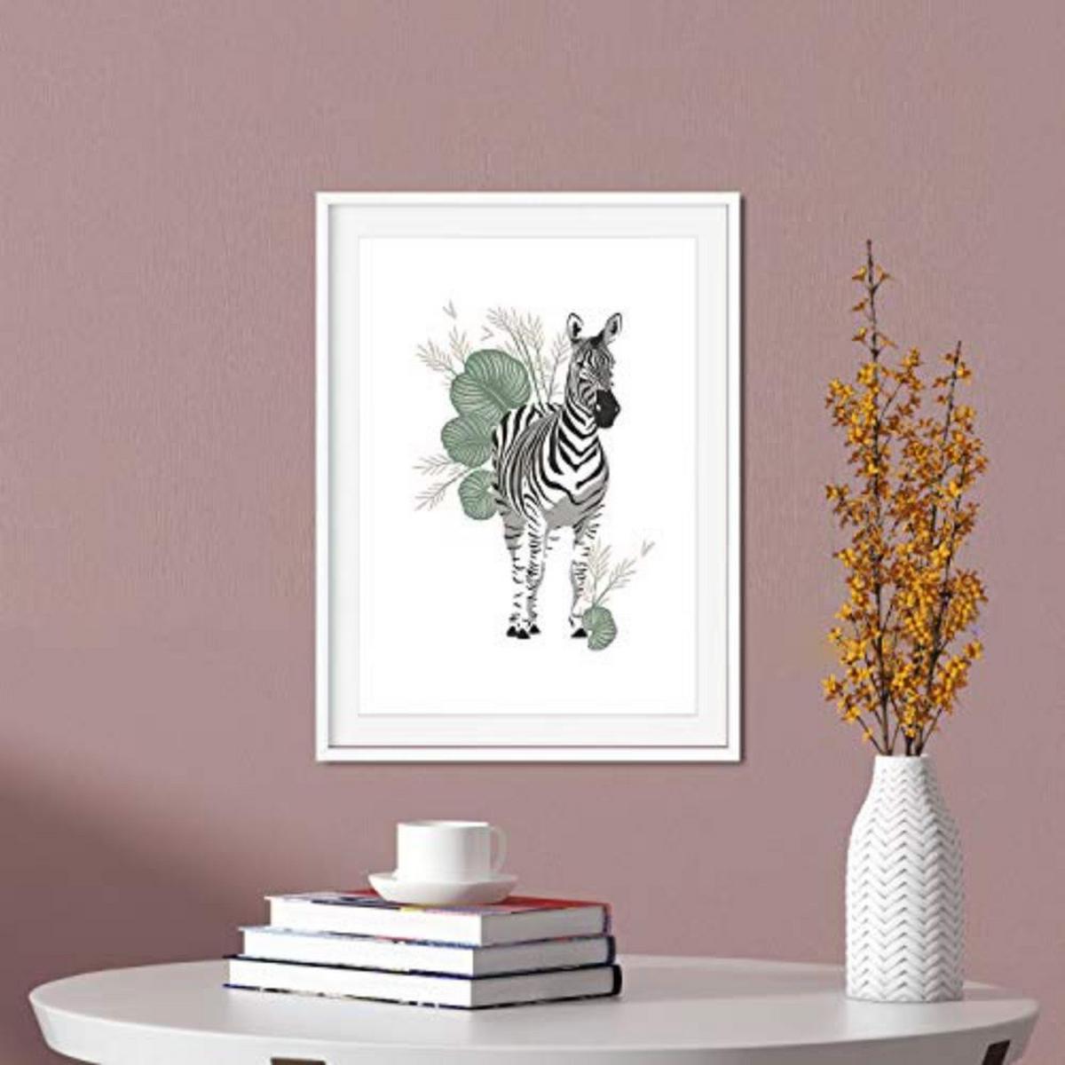 POSTER Set mit 4 GiraffenzebraKlinge, Blumen und Pflanzen aus dem Dschungel A4 Schwarzer Rahmen - Schwarz, Papier (29.7/3cm) - Nacnic