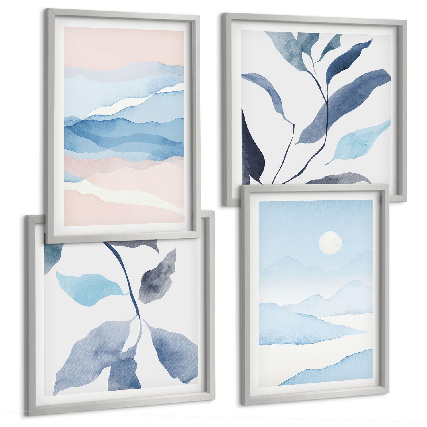 BILDER SET 4er Set - 50x50 cm & 40x60 cm Silberner Rahmen - Berglandschaften, Aquarellpflanzen - Silberfarben, Kunststoff (50/50cm) - TULUP