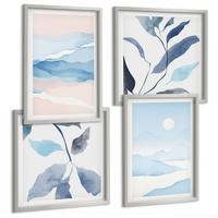 BILDER SET 4er Set - 50x50 cm & 40x60 cm Silberner Rahmen - Berglandschaften, Aquarellpflanzen - Silberfarben, Kunststoff (50/50cm) - TULUP