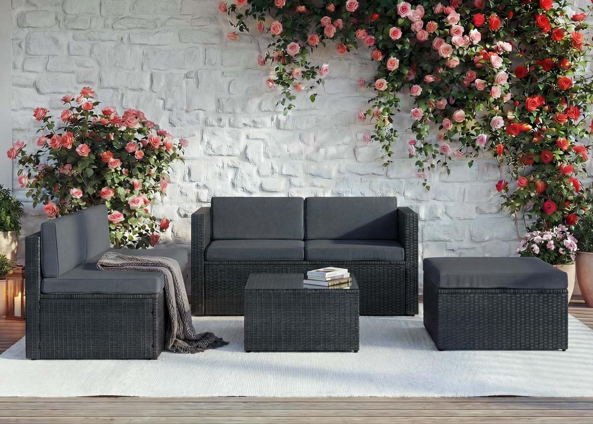 POLY-RATTAN-GARNITUR Anthrazit - Anthrazit, Kunststoff - MCW