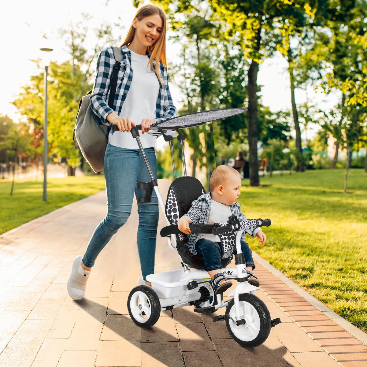 6-IN-1 Dreirad mit Schubstange, Kinderdreirad mit abnehmbarem Sonnendach Weiß - Weiß, Metall (105/47/98cm) - HOMCOM