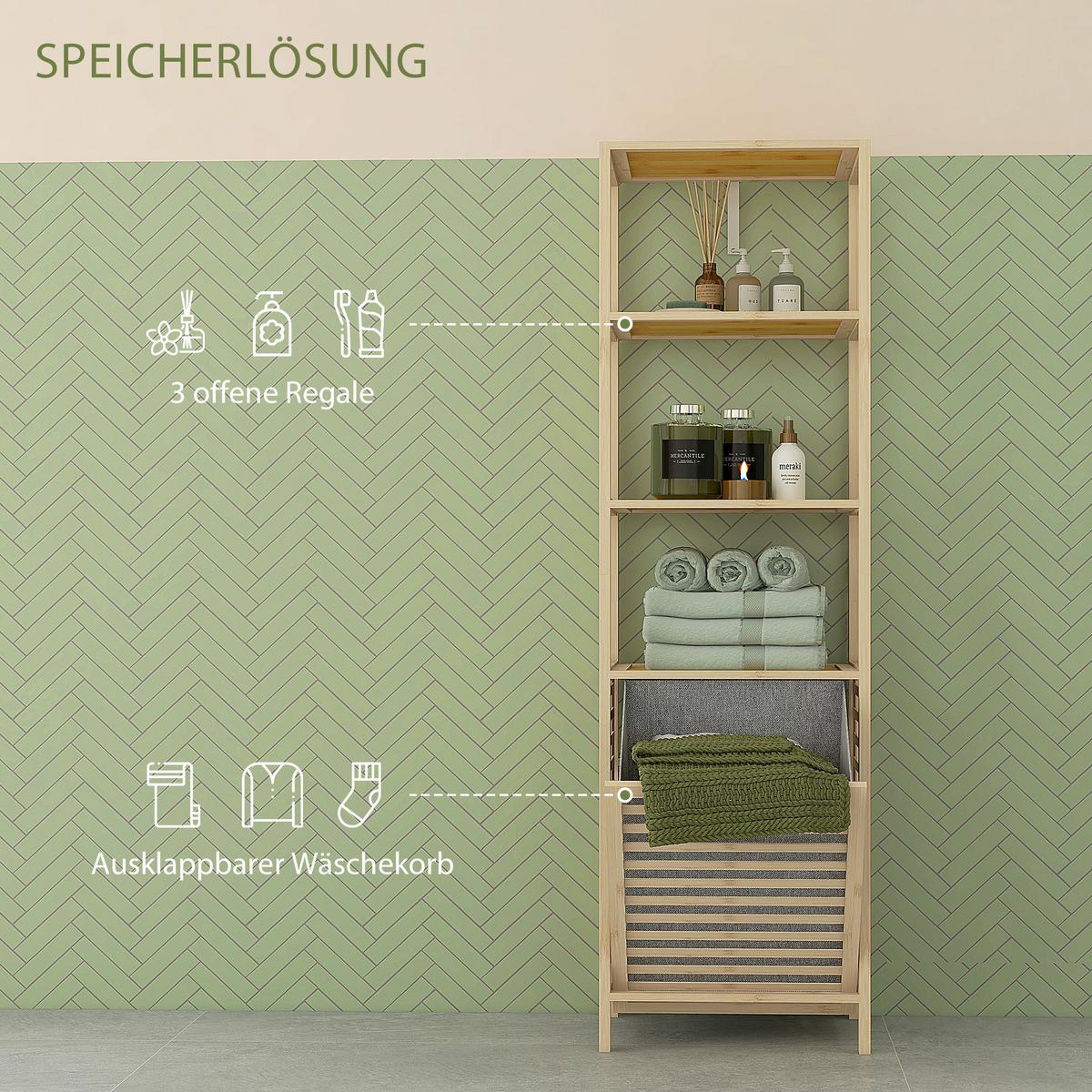 BADREGAL mit Wäschekorb, Badezimmerregal mit 3 Ebenen Kippschutz Bambus - Naturfarben, Holzwerkstoff (33/160/44cm) - HOMCOM