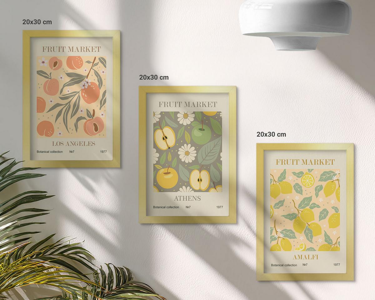 BILDER SET 3er Set - 20x30 cm Goldrahmen - Retro-Poster mit Fruchtmustern - Goldfarben, Kunststoff (20/30cm) - TULUP