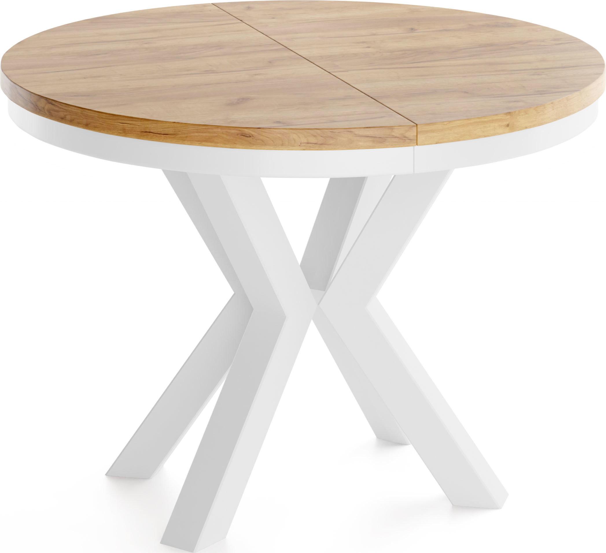 ESSTISCH Clara Weiß runder ausziehbarer, Craft Eiche 100-180/100/76 cm - Eiche Wotan/Weiß, Holzwerkstoff/Metall (100/176/76cm) - WFL GROUP
