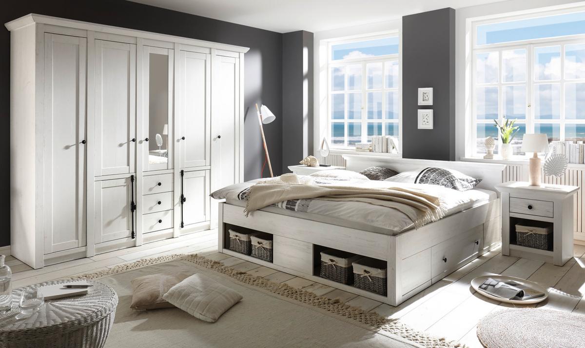 SCHLAFZIMMER 4-teilig Set Pinie weiß, Komplettset mit Doppelbett - Schwarz/Weiß, Glas/Holzwerkstoff (236/206/64cm) - Furn.Design