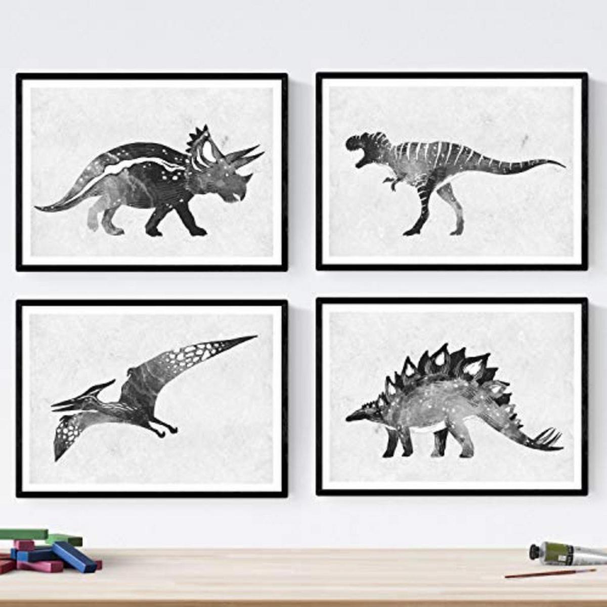 POSTER Set mit 4 schwarze Dinosaurier A4 Schwarzer Rahmen - Schwarz, Papier (29.7/3cm) - Nacnic