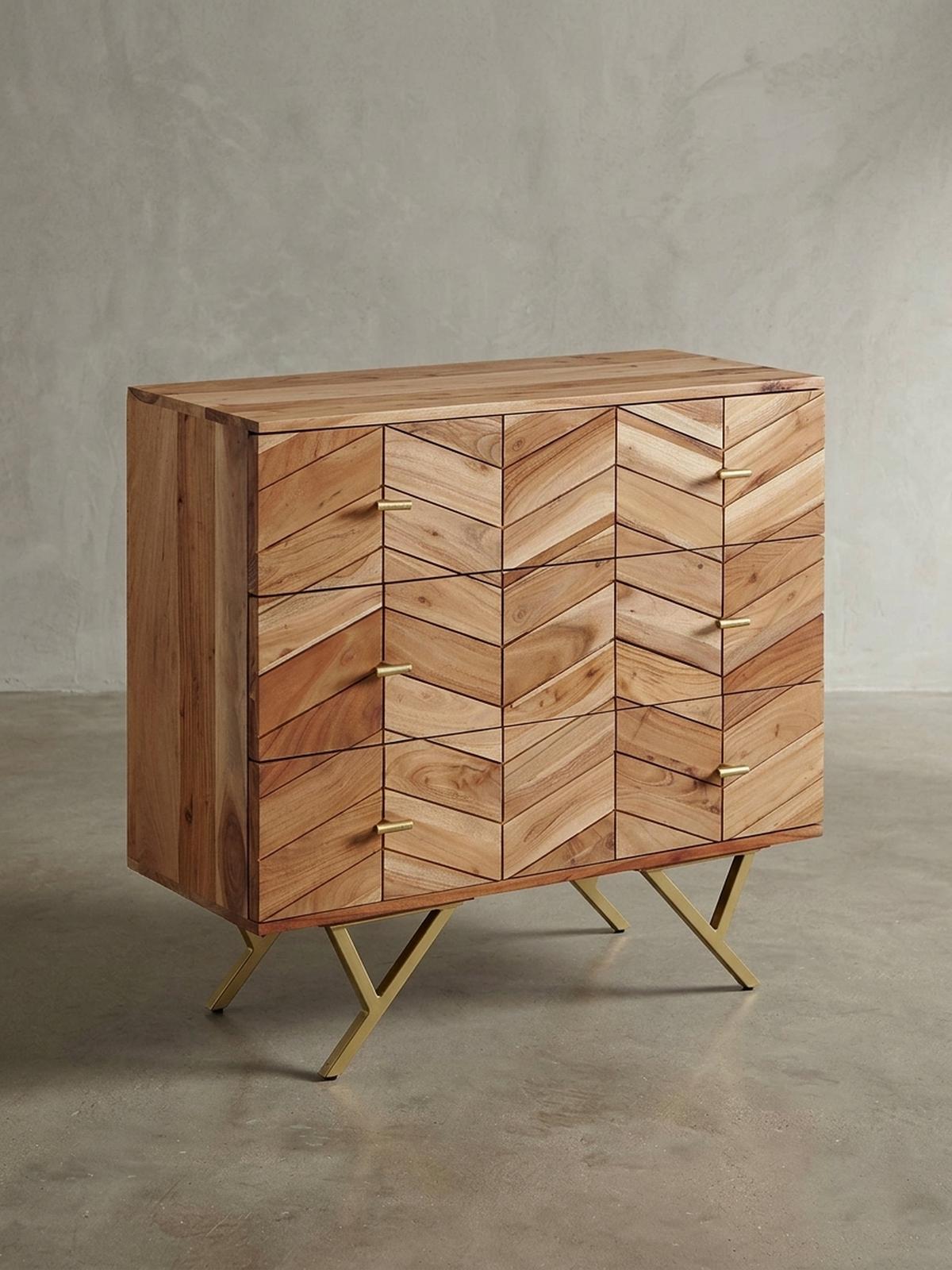 SIDEBOARD – Akazie Massivholz, rustikal, mit Muster, Landhausstil - Beige/Goldfarben, Holz/Metall (90/86/40cm) - KADIMA DESIGN