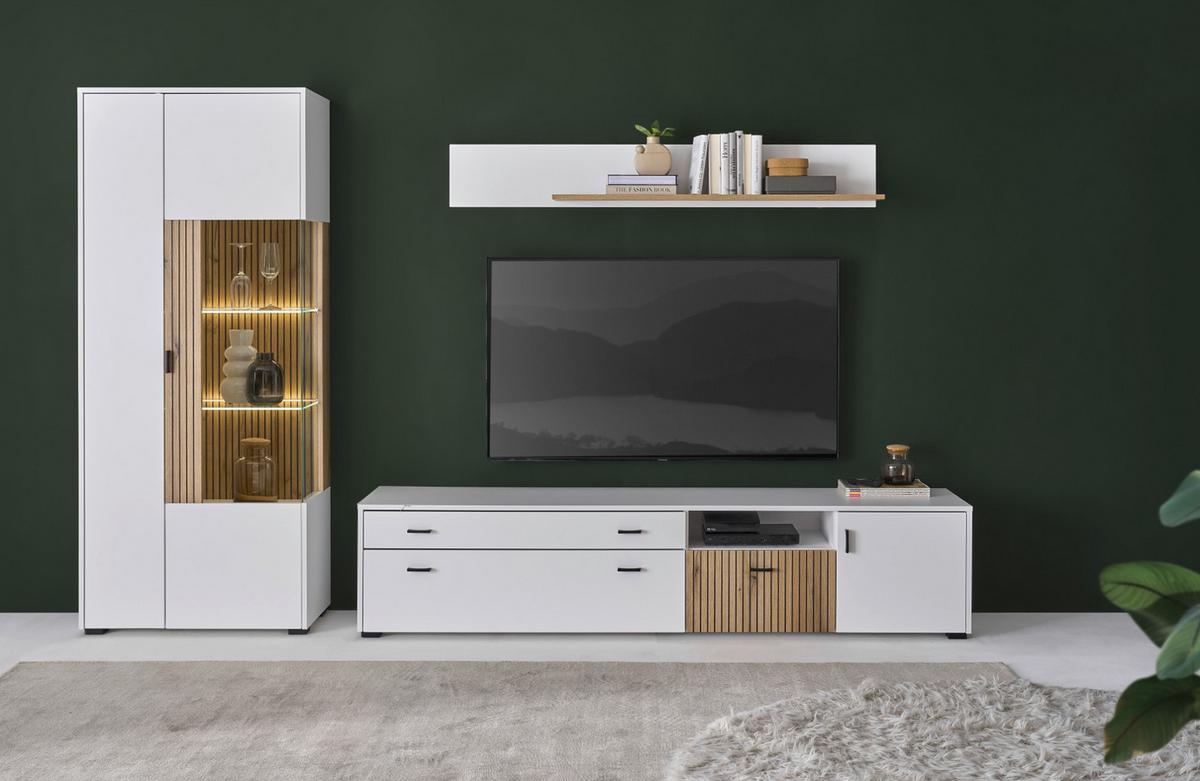 WOHNWAND 3-teilig weiß matt, Eiche 285 cm, Schrankwand mit Soft-Close-Funktion - Eichefarben/Schwarz, Glas/Holzwerkstoff (285/180/42cm) - Furn.Design