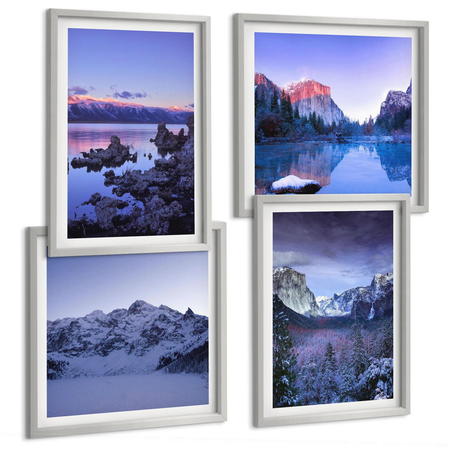 BILDER SET 4er Set - 50x50 cm & 40x60 cm Silberner Rahmen - Berglandschaften, Sonnenuntergang, Wasser - Silberfarben, Kunststoff (50/50cm) - TULUP