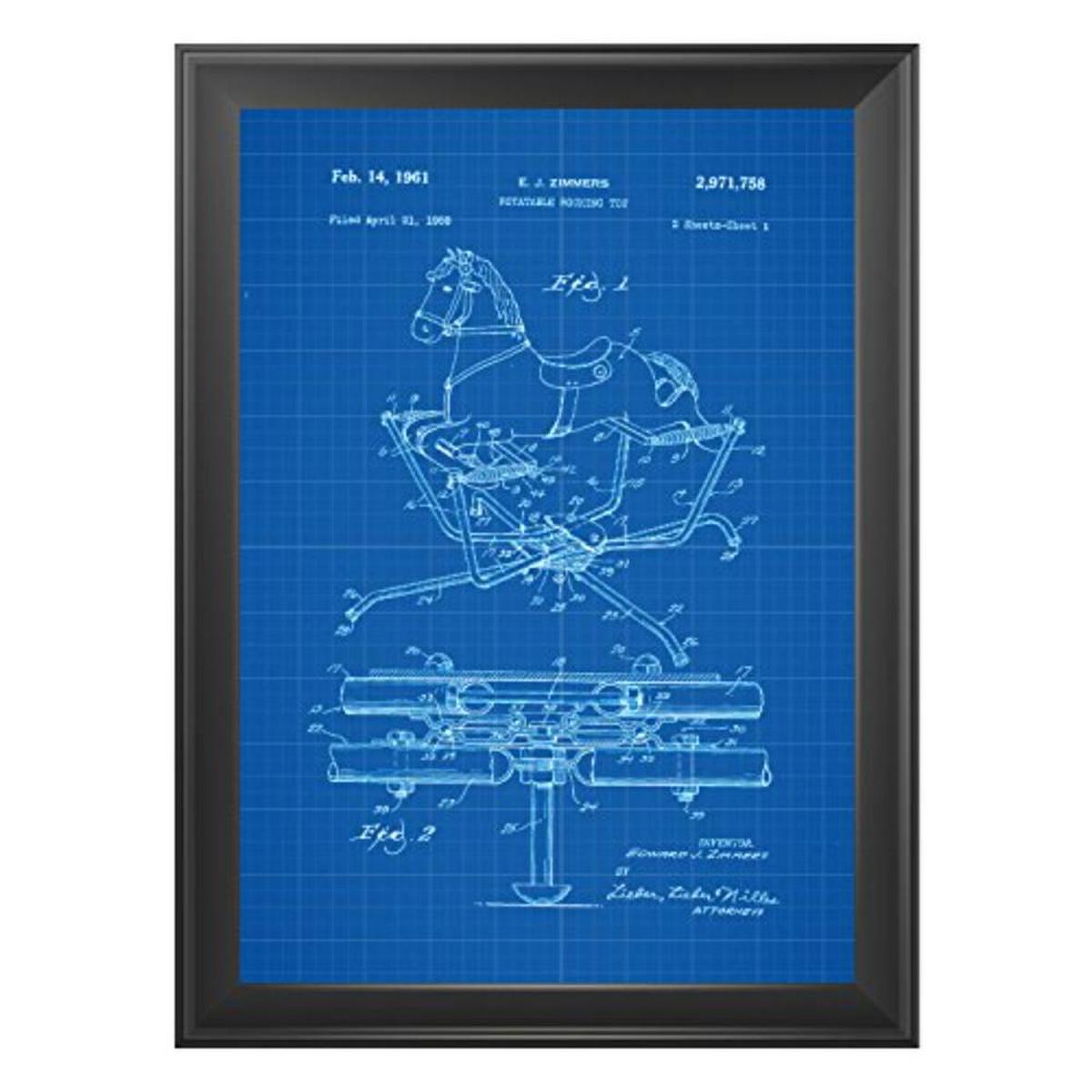 POSTER Set mit 4 Blau Kinderspielzeug Patent Stil von Puppen und Spielen A4 Schwarzer Rahmen - Schwarz, Papier (29.7/3cm) - Nacnic