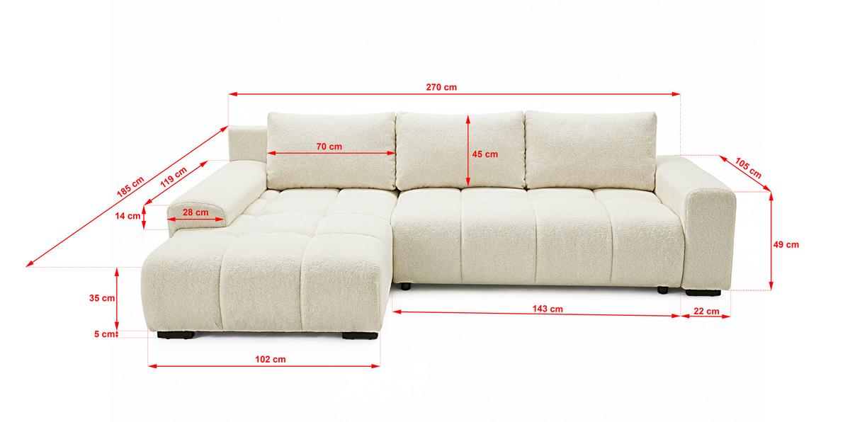 ECKSOFA Ovia mit Bettkasten und Schlaffunktion, Bouclé-Stoff in L-Form - Beige, Textil (270/185cm)