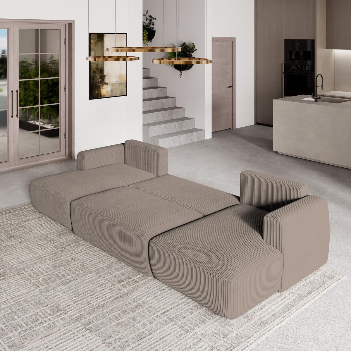 WOHNLANDSCHAFT SENTUM P Beige Kordstoff mit Schlaffunktion - Beige/Schwarz, Holz/Kunststoff (330/90/148cm) - MASSENO