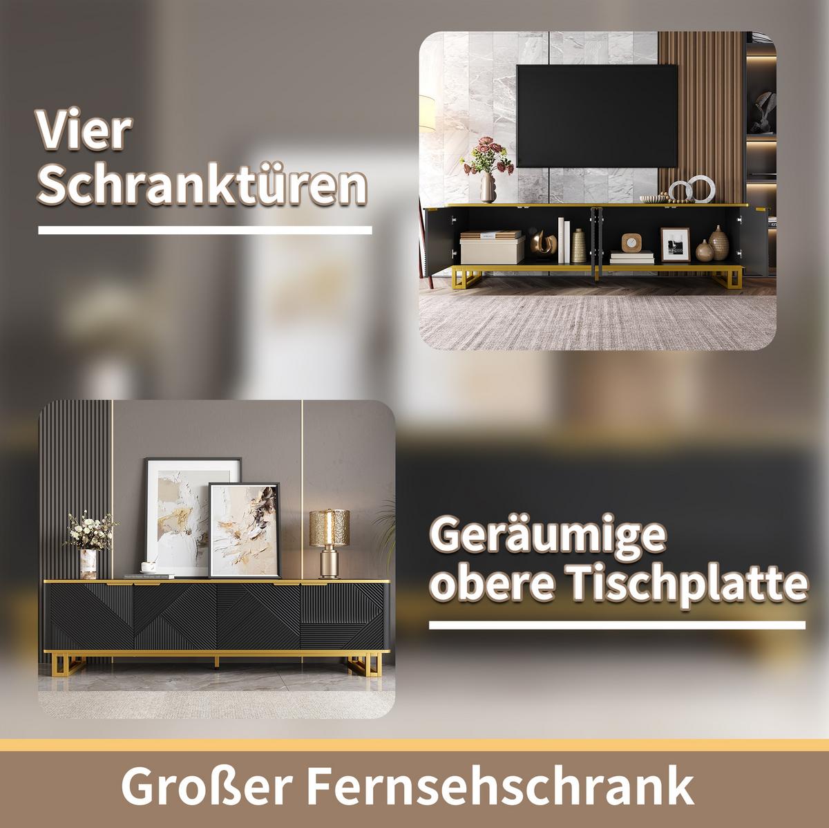 TV-LOWBOARD Schwarz & Gold mit 4 Türen Geometrisches Design 160cm - Schwarz, Holzwerkstoff (160/48/37.5cm) - Urban Meuble