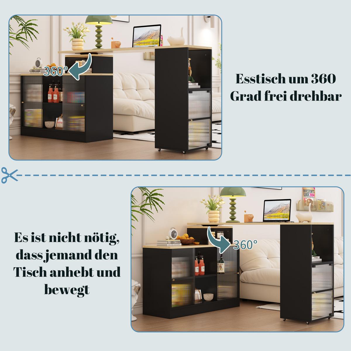 KÜCHENINSEL ausziehbar 170 cm Schwarz – Drehbare Barinsel mit Glas-Schiebetüren & Stauraum - Schwarz, Holzwerkstoff (115/60/100cm) - Urban Meuble