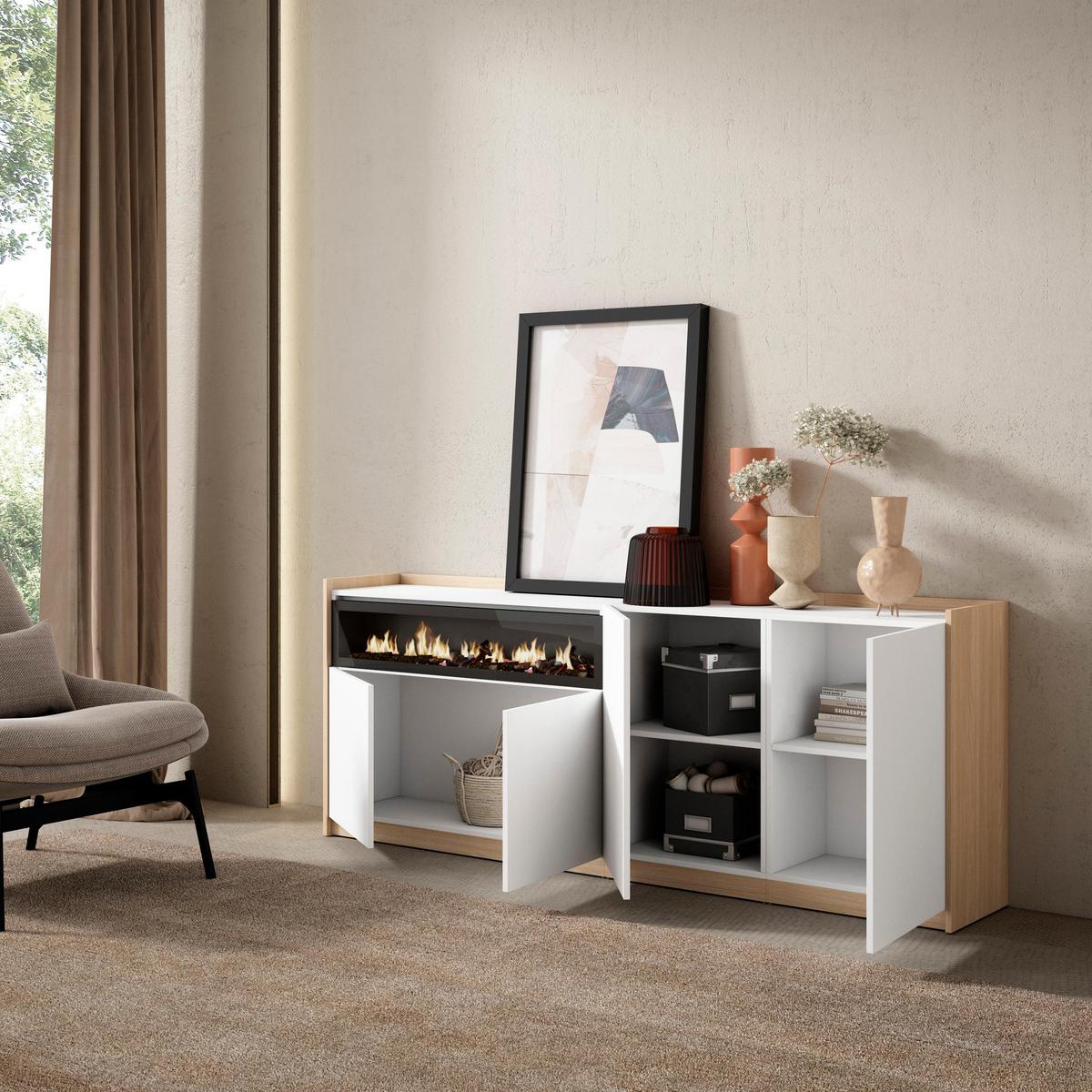 SIDEBOARD, Highboard, Weiß und Eiche Soft, Elektrokamin, 207/37/80cm - Weiß, Holzwerkstoff (207/80/37cm) - Skraut Home