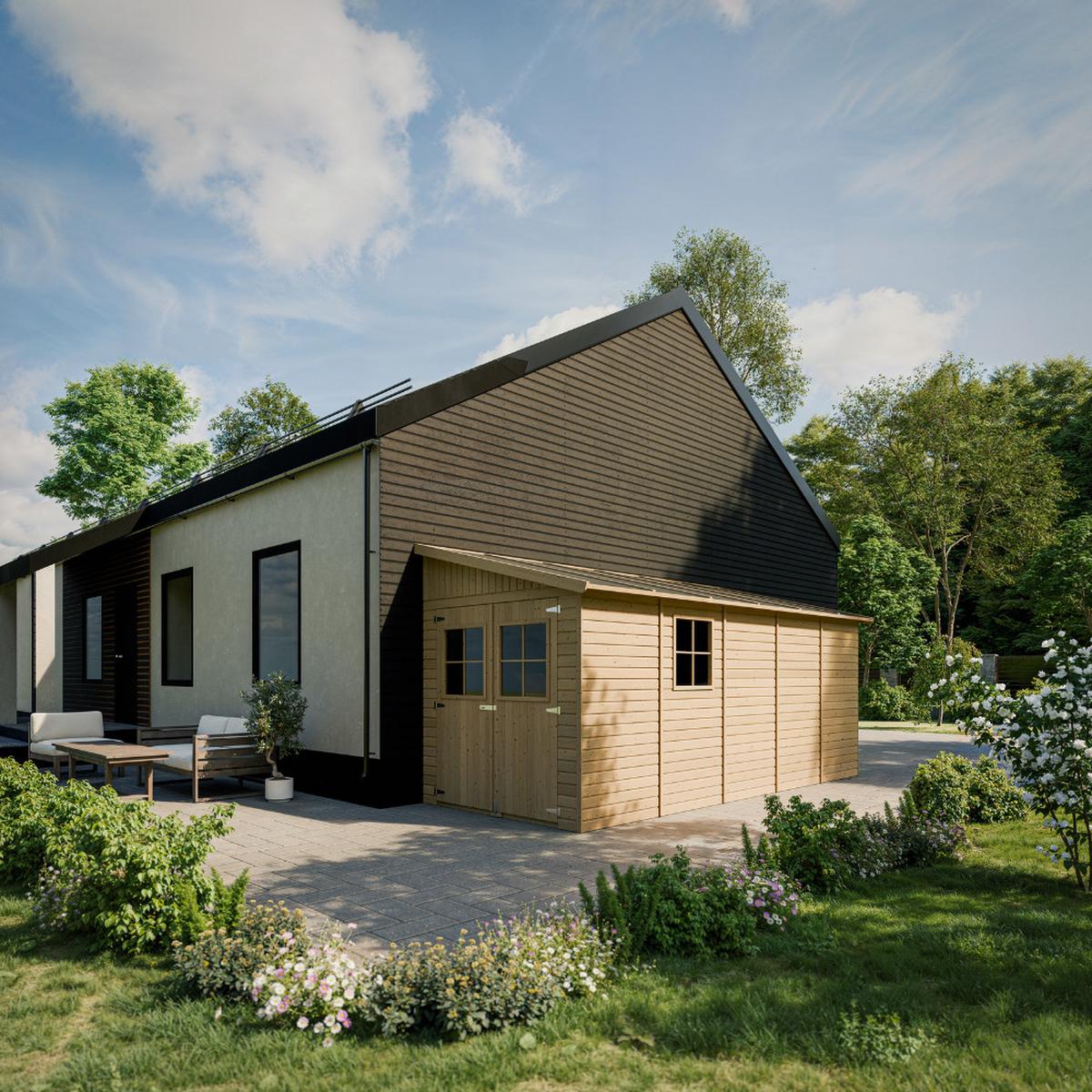HOLZ-GARTENHAUS (mit Seitenwand) MIT IMPRÄGNIERTEM BODEN - H244x216x514 cm/10,2 m2 - M341A+M341G - Beige, Holz (218/250/493cm) - Timbela