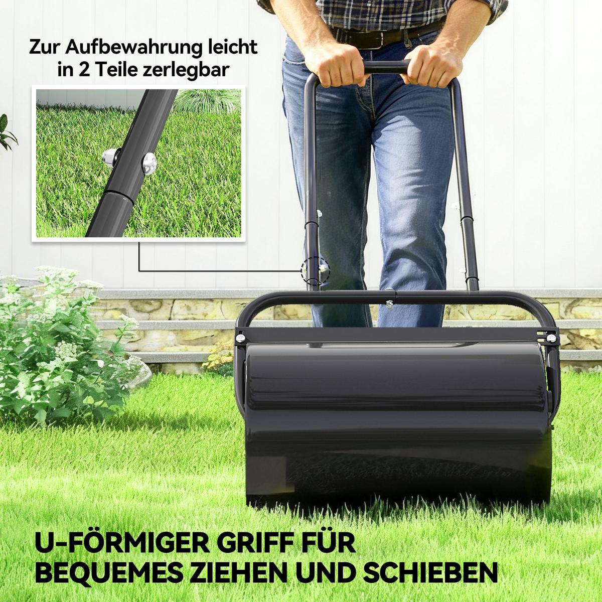RASENWALZE mit U-Griff Gartenwalze Gartenrolle Wasser-/ Sandfüllung Metall - Schwarz, Metall (32.5/113/58cm) - Outsunny