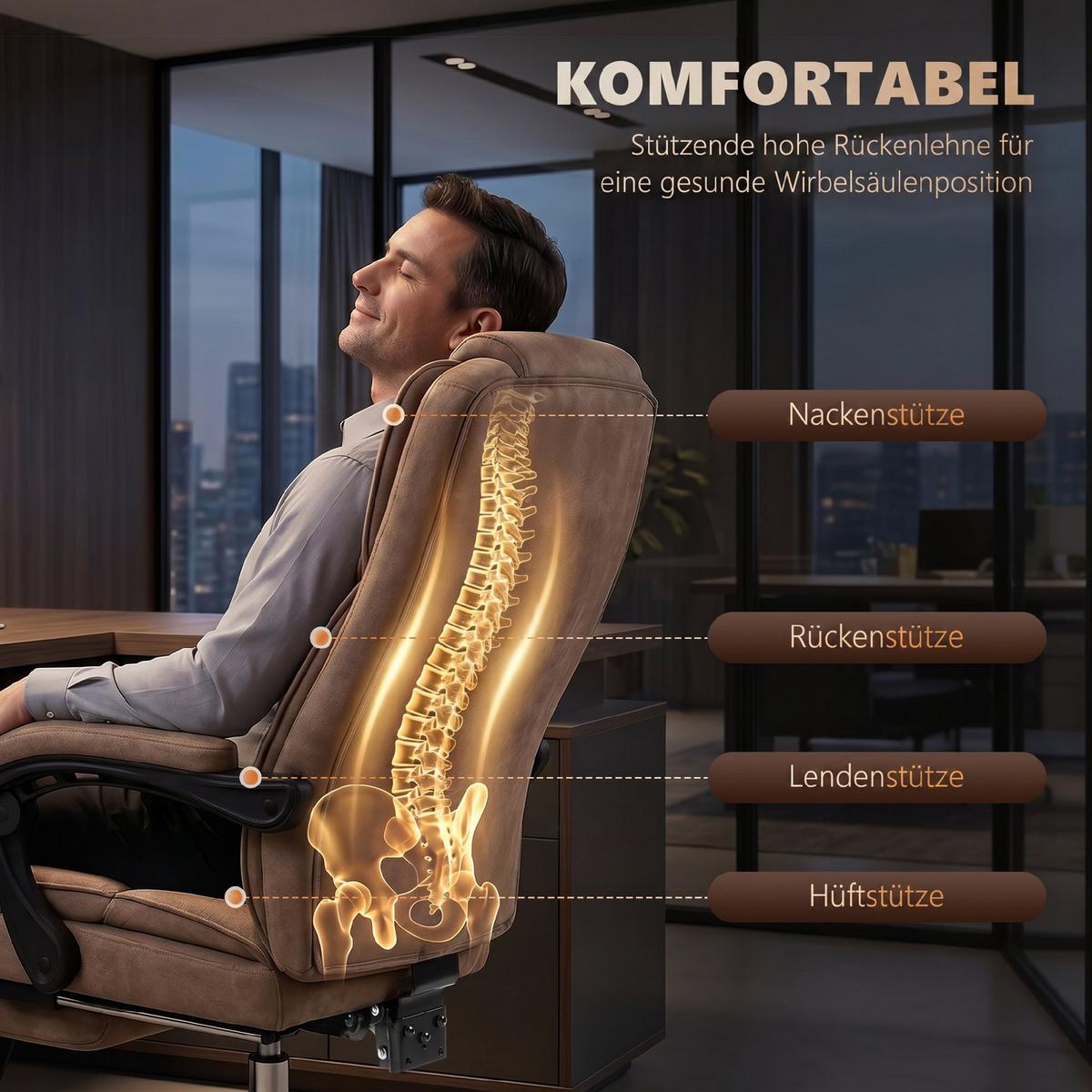 BÜROSTUHL-MIT-MASSAGEFUNKTION Samt-Polyester Braun - Silberfarben/Braun, Textil/Metall (67/119/72cm) - Vinsetto
