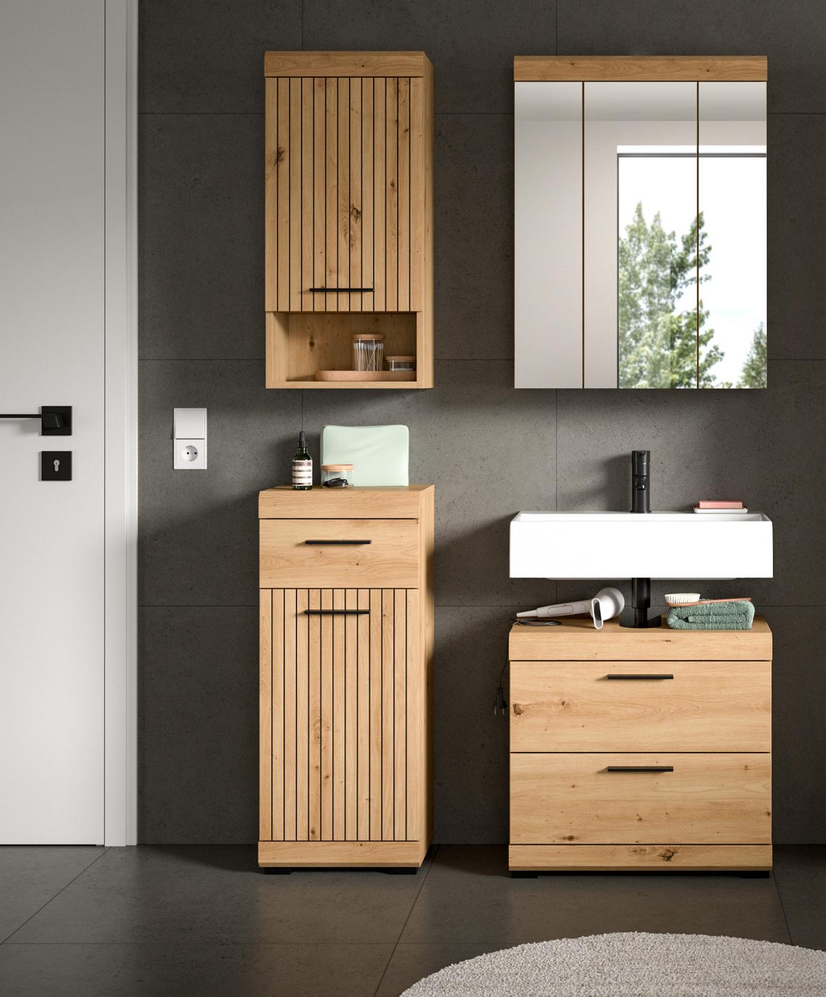 BADMÖBEL-SET Eiche Artisan 112 x 191 cm 4-teilig, Badkombination modernes Design - Schwarz/Eiche Artisan, Glas/Holzwerkstoff (112/191/34cm) - Inn.Furn
